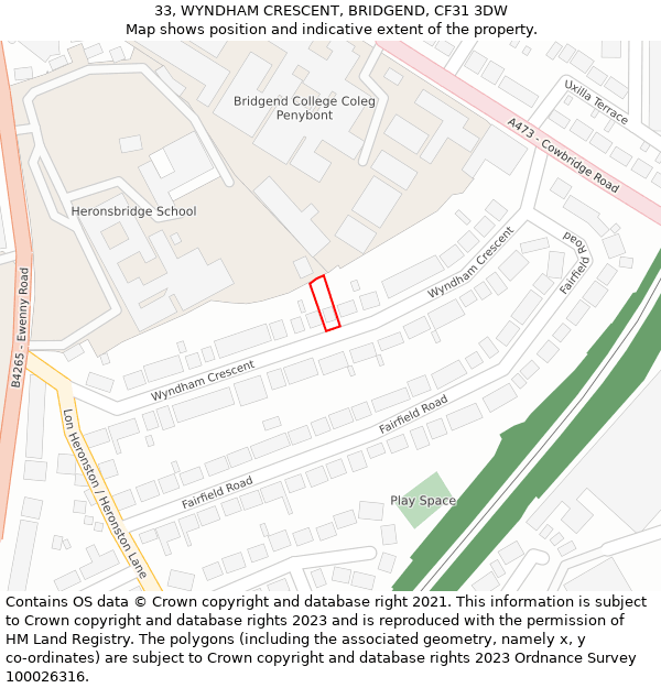 33, WYNDHAM CRESCENT, BRIDGEND, CF31 3DW: Location map and indicative extent of plot