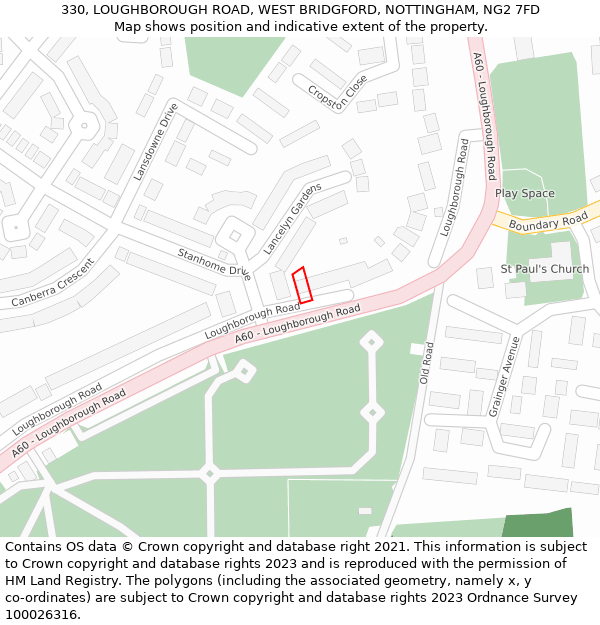 330, LOUGHBOROUGH ROAD, WEST BRIDGFORD, NOTTINGHAM, NG2 7FD: Location map and indicative extent of plot