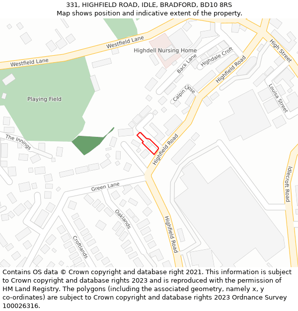 331, HIGHFIELD ROAD, IDLE, BRADFORD, BD10 8RS: Location map and indicative extent of plot