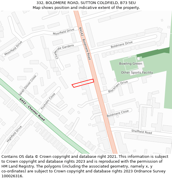 332, BOLDMERE ROAD, SUTTON COLDFIELD, B73 5EU: Location map and indicative extent of plot