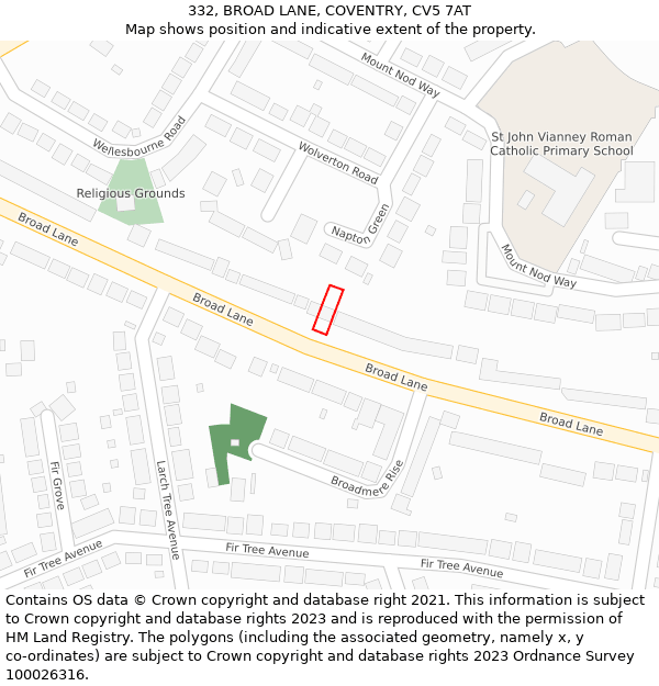 332, BROAD LANE, COVENTRY, CV5 7AT: Location map and indicative extent of plot