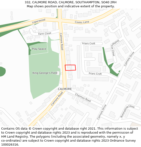 332, CALMORE ROAD, CALMORE, SOUTHAMPTON, SO40 2RH: Location map and indicative extent of plot