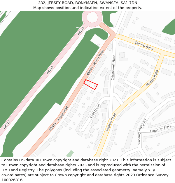 332, JERSEY ROAD, BONYMAEN, SWANSEA, SA1 7DN: Location map and indicative extent of plot