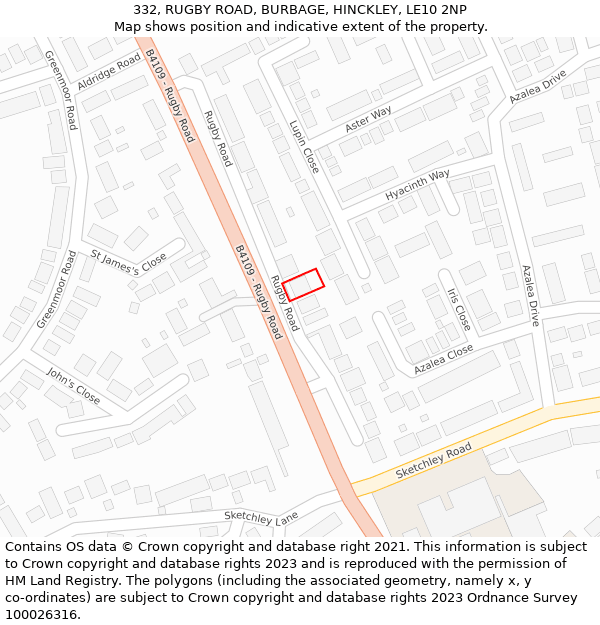 332, RUGBY ROAD, BURBAGE, HINCKLEY, LE10 2NP: Location map and indicative extent of plot