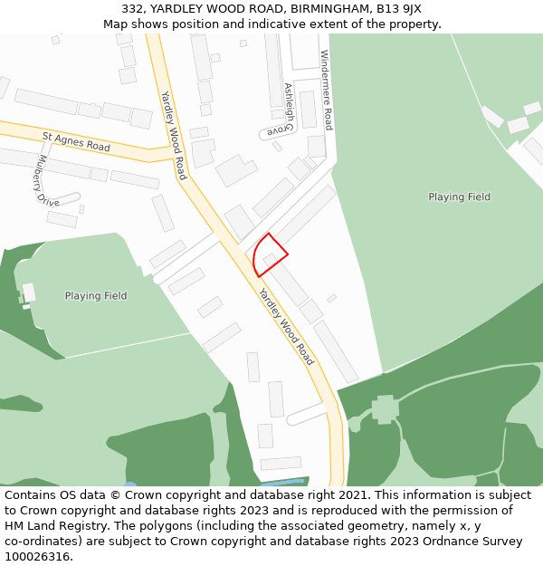 332, YARDLEY WOOD ROAD, BIRMINGHAM, B13 9JX: Location map and indicative extent of plot