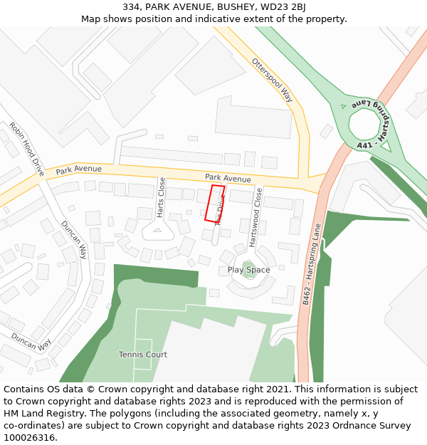 334, PARK AVENUE, BUSHEY, WD23 2BJ: Location map and indicative extent of plot