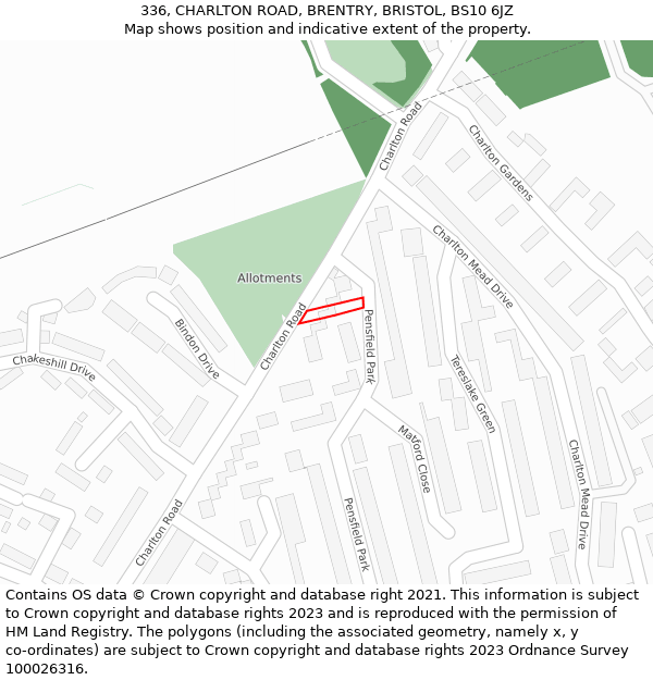 336, CHARLTON ROAD, BRENTRY, BRISTOL, BS10 6JZ: Location map and indicative extent of plot