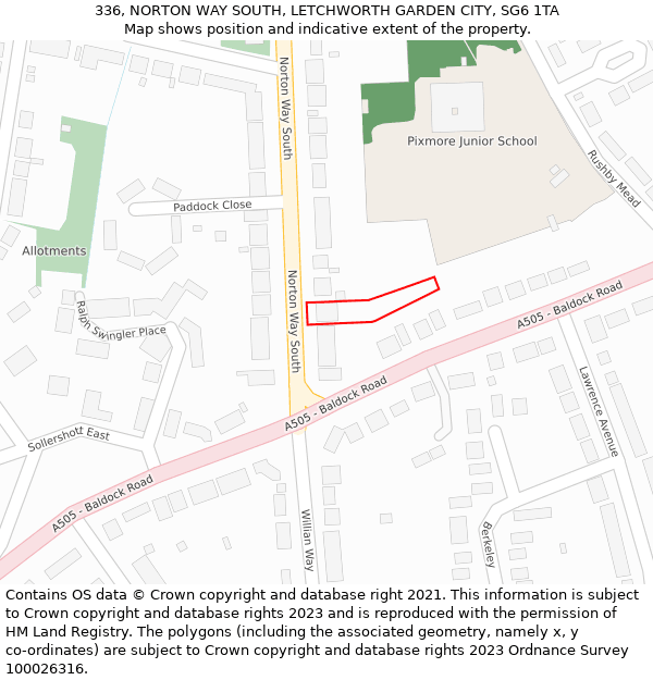 336, NORTON WAY SOUTH, LETCHWORTH GARDEN CITY, SG6 1TA: Location map and indicative extent of plot