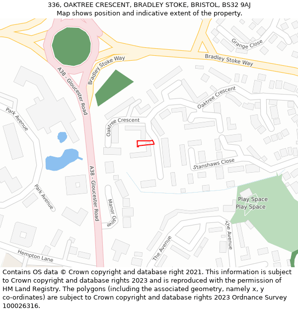 336, OAKTREE CRESCENT, BRADLEY STOKE, BRISTOL, BS32 9AJ: Location map and indicative extent of plot