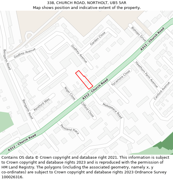 338, CHURCH ROAD, NORTHOLT, UB5 5AR: Location map and indicative extent of plot