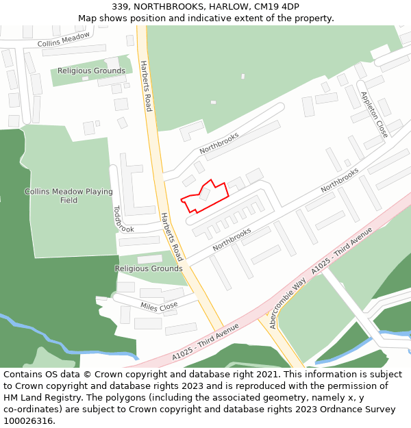 339, NORTHBROOKS, HARLOW, CM19 4DP: Location map and indicative extent of plot