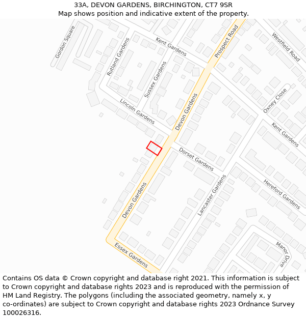 33A, DEVON GARDENS, BIRCHINGTON, CT7 9SR: Location map and indicative extent of plot