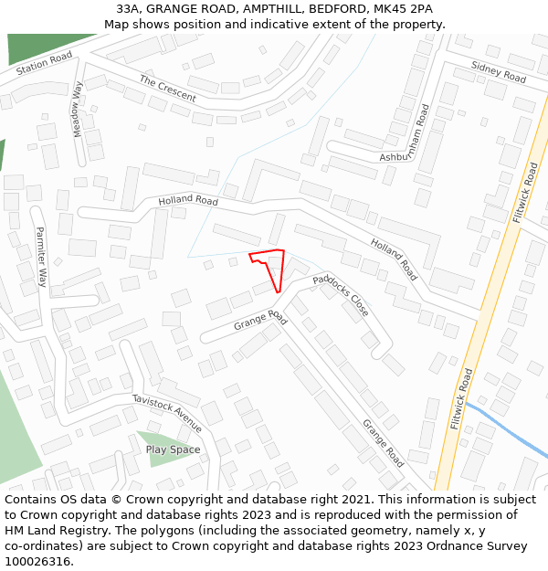 33A, GRANGE ROAD, AMPTHILL, BEDFORD, MK45 2PA: Location map and indicative extent of plot