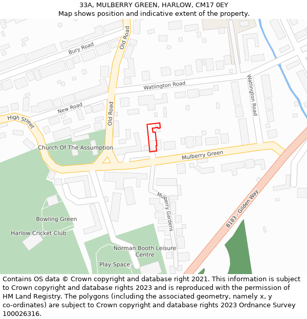 33A, MULBERRY GREEN, HARLOW, CM17 0EY: Location map and indicative extent of plot