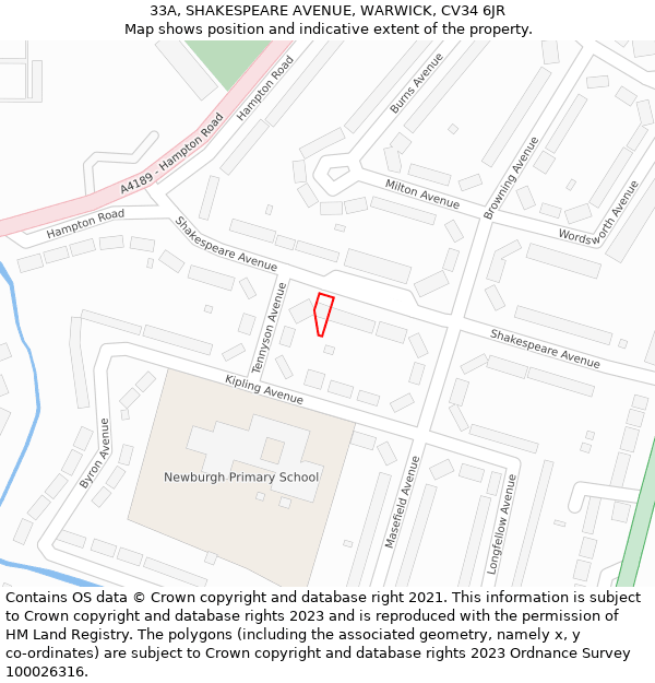 33A, SHAKESPEARE AVENUE, WARWICK, CV34 6JR: Location map and indicative extent of plot