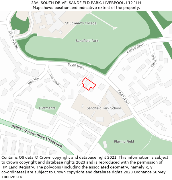 33A, SOUTH DRIVE, SANDFIELD PARK, LIVERPOOL, L12 1LH: Location map and indicative extent of plot