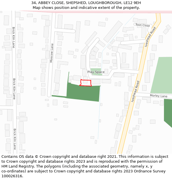 34, ABBEY CLOSE, SHEPSHED, LOUGHBOROUGH, LE12 9EH: Location map and indicative extent of plot