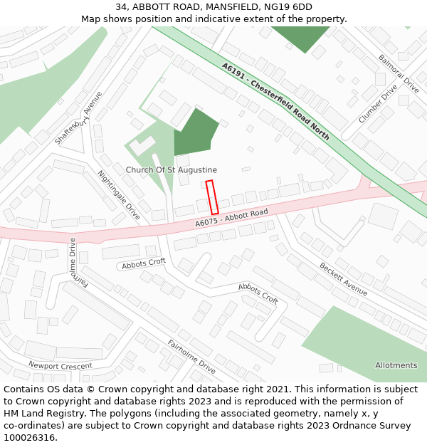 34, ABBOTT ROAD, MANSFIELD, NG19 6DD: Location map and indicative extent of plot