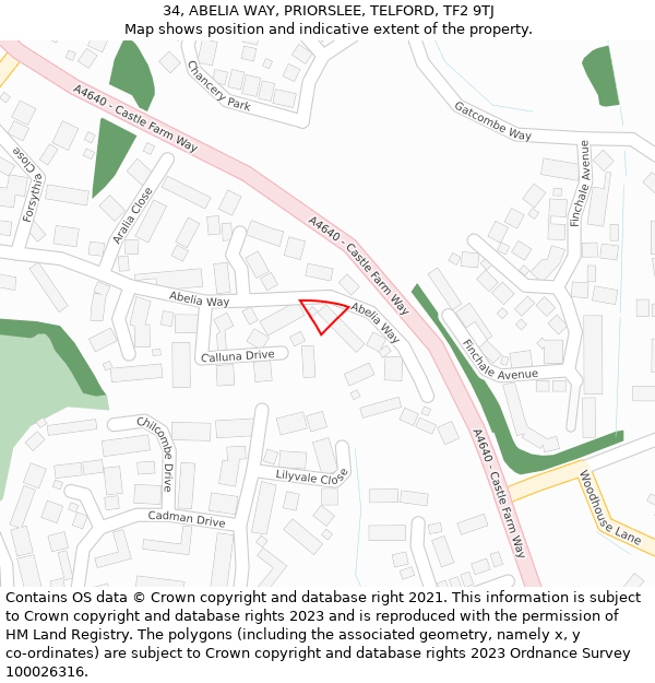 34, ABELIA WAY, PRIORSLEE, TELFORD, TF2 9TJ: Location map and indicative extent of plot