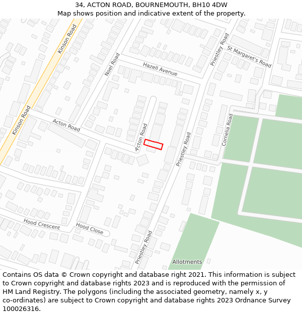 34, ACTON ROAD, BOURNEMOUTH, BH10 4DW: Location map and indicative extent of plot