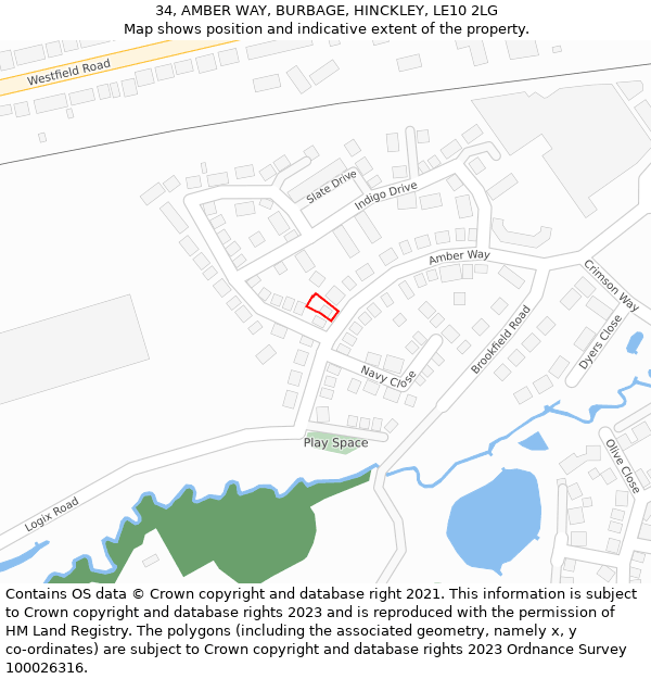 34, AMBER WAY, BURBAGE, HINCKLEY, LE10 2LG: Location map and indicative extent of plot