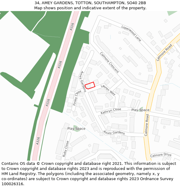 34, AMEY GARDENS, TOTTON, SOUTHAMPTON, SO40 2BB: Location map and indicative extent of plot