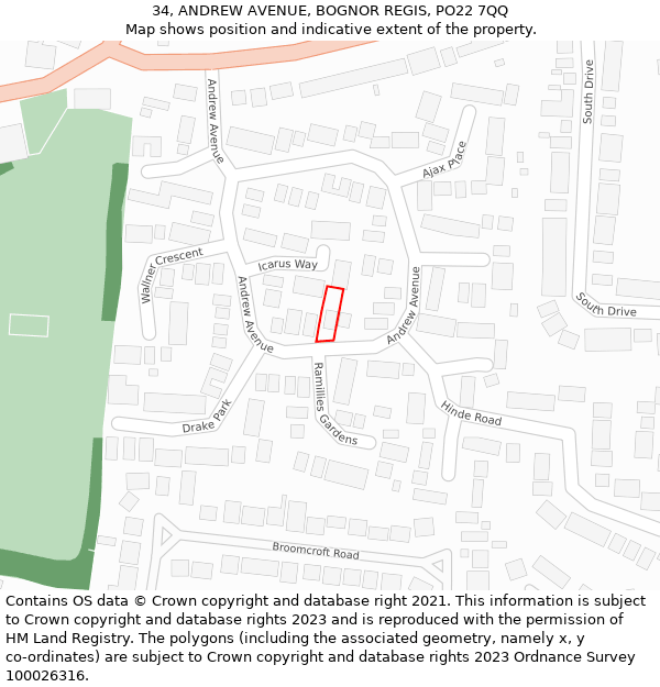 34, ANDREW AVENUE, BOGNOR REGIS, PO22 7QQ: Location map and indicative extent of plot