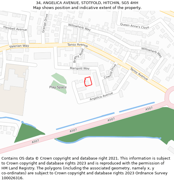 34, ANGELICA AVENUE, STOTFOLD, HITCHIN, SG5 4HH: Location map and indicative extent of plot