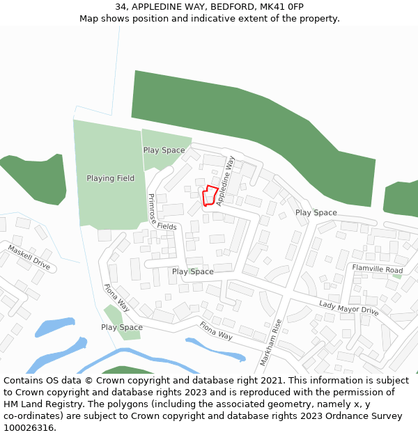 34, APPLEDINE WAY, BEDFORD, MK41 0FP: Location map and indicative extent of plot