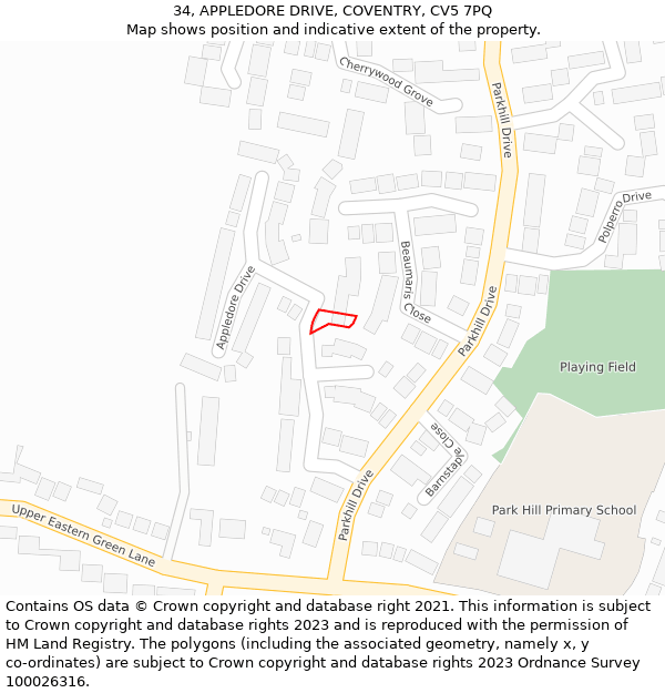 34, APPLEDORE DRIVE, COVENTRY, CV5 7PQ: Location map and indicative extent of plot
