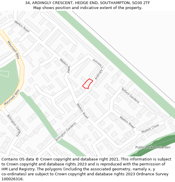 34, ARDINGLY CRESCENT, HEDGE END, SOUTHAMPTON, SO30 2TF: Location map and indicative extent of plot