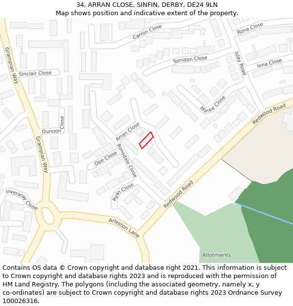 34, ARRAN CLOSE, SINFIN, DERBY, DE24 9LN: Location map and indicative extent of plot