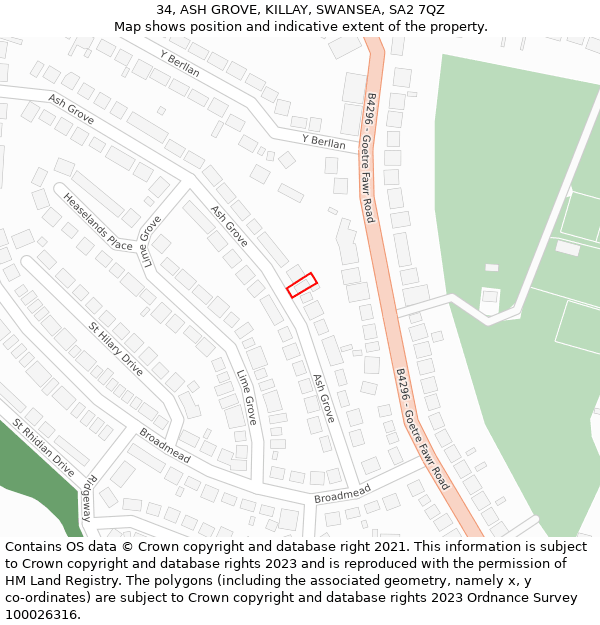 34, ASH GROVE, KILLAY, SWANSEA, SA2 7QZ: Location map and indicative extent of plot