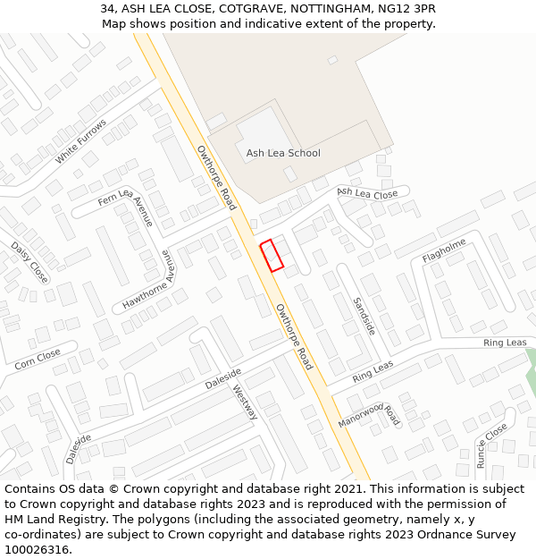 34, ASH LEA CLOSE, COTGRAVE, NOTTINGHAM, NG12 3PR: Location map and indicative extent of plot