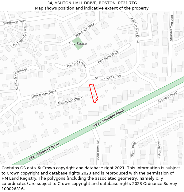 34, ASHTON HALL DRIVE, BOSTON, PE21 7TG: Location map and indicative extent of plot