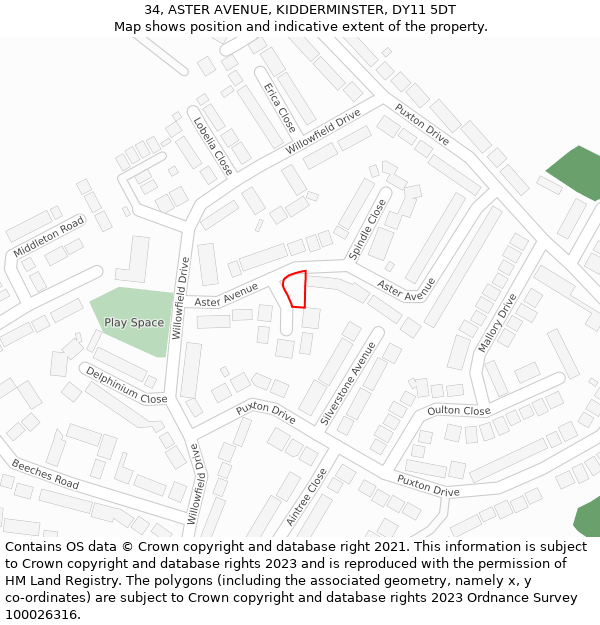 34, ASTER AVENUE, KIDDERMINSTER, DY11 5DT: Location map and indicative extent of plot