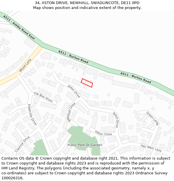 34, ASTON DRIVE, NEWHALL, SWADLINCOTE, DE11 0PD: Location map and indicative extent of plot