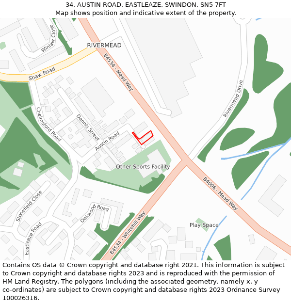 34, AUSTIN ROAD, EASTLEAZE, SWINDON, SN5 7FT: Location map and indicative extent of plot