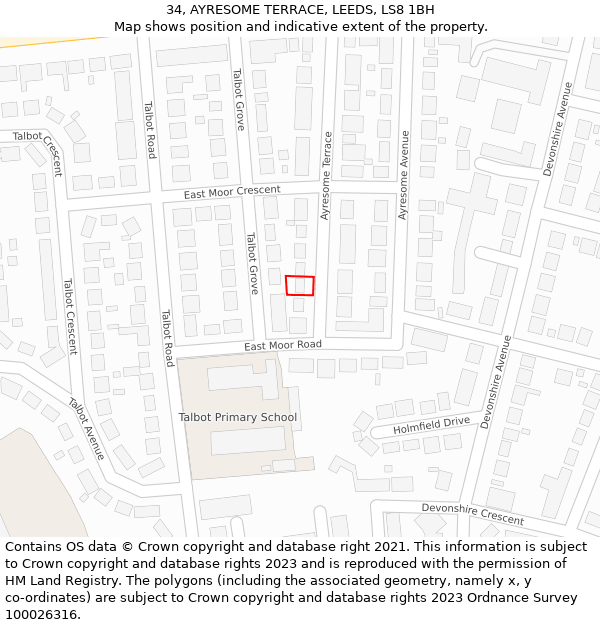 34, AYRESOME TERRACE, LEEDS, LS8 1BH: Location map and indicative extent of plot