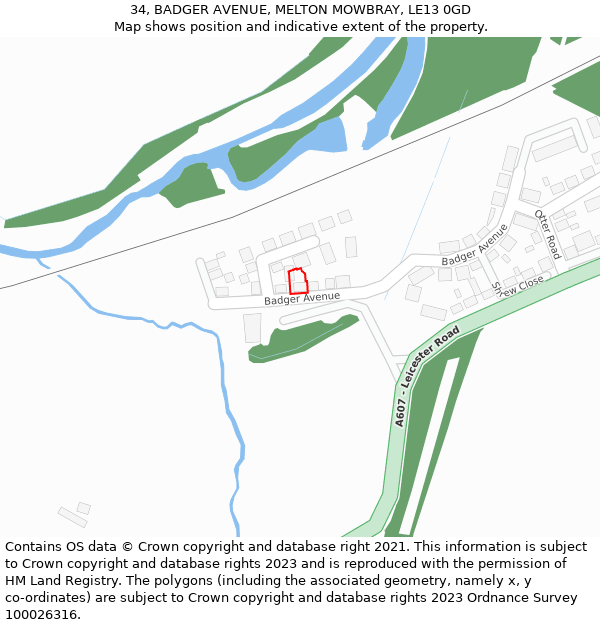 34, BADGER AVENUE, MELTON MOWBRAY, LE13 0GD: Location map and indicative extent of plot