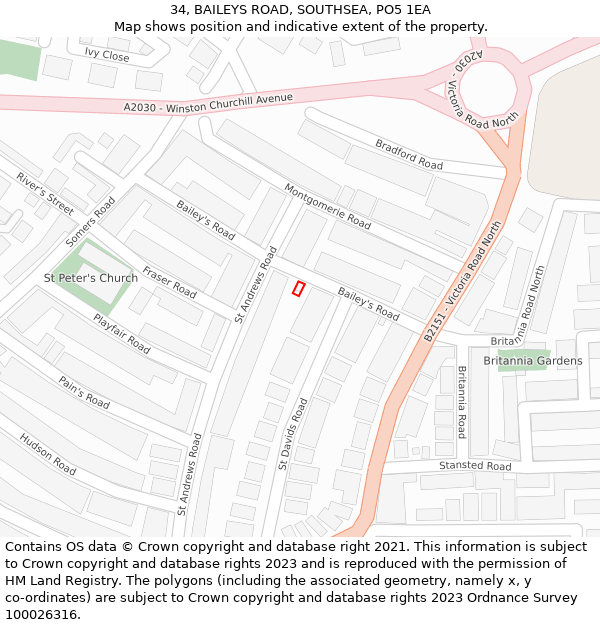 34, BAILEYS ROAD, SOUTHSEA, PO5 1EA: Location map and indicative extent of plot