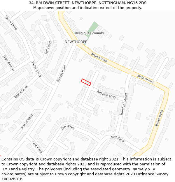 34, BALDWIN STREET, NEWTHORPE, NOTTINGHAM, NG16 2DS: Location map and indicative extent of plot
