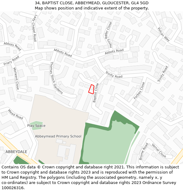 34, BAPTIST CLOSE, ABBEYMEAD, GLOUCESTER, GL4 5GD: Location map and indicative extent of plot
