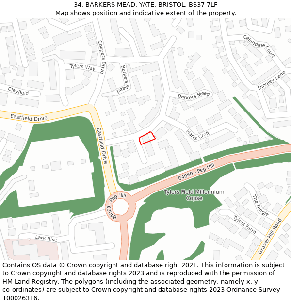 34, BARKERS MEAD, YATE, BRISTOL, BS37 7LF: Location map and indicative extent of plot