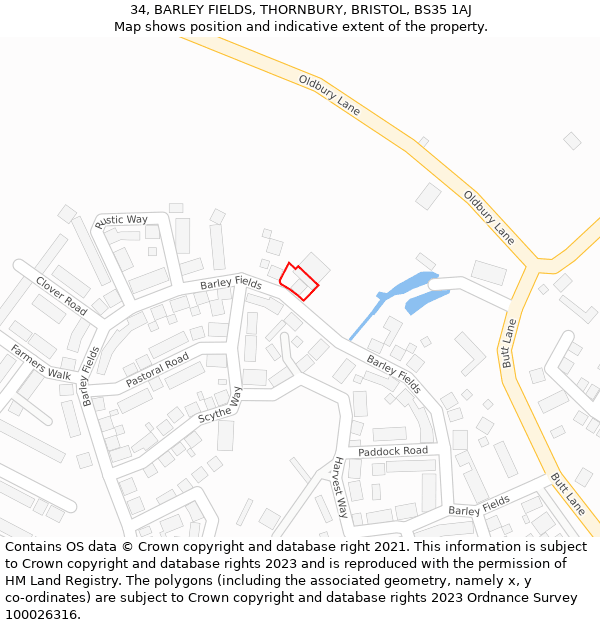 34, BARLEY FIELDS, THORNBURY, BRISTOL, BS35 1AJ: Location map and indicative extent of plot