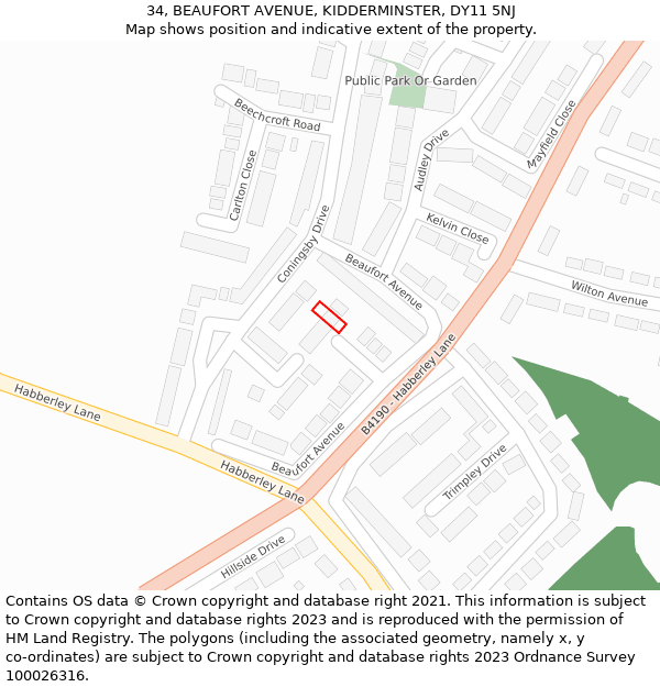 34, BEAUFORT AVENUE, KIDDERMINSTER, DY11 5NJ: Location map and indicative extent of plot