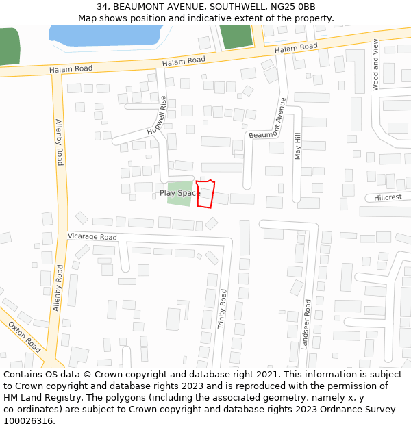 34, BEAUMONT AVENUE, SOUTHWELL, NG25 0BB: Location map and indicative extent of plot