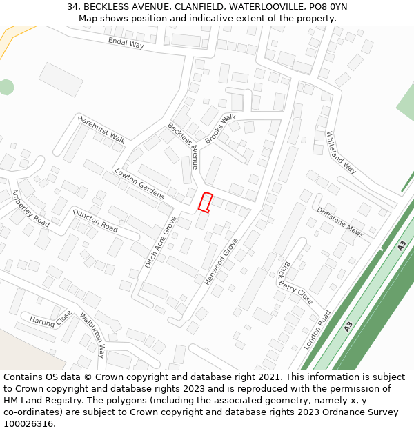 34, BECKLESS AVENUE, CLANFIELD, WATERLOOVILLE, PO8 0YN: Location map and indicative extent of plot