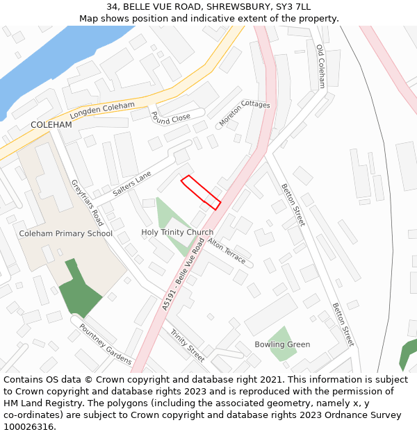 34, BELLE VUE ROAD, SHREWSBURY, SY3 7LL: Location map and indicative extent of plot