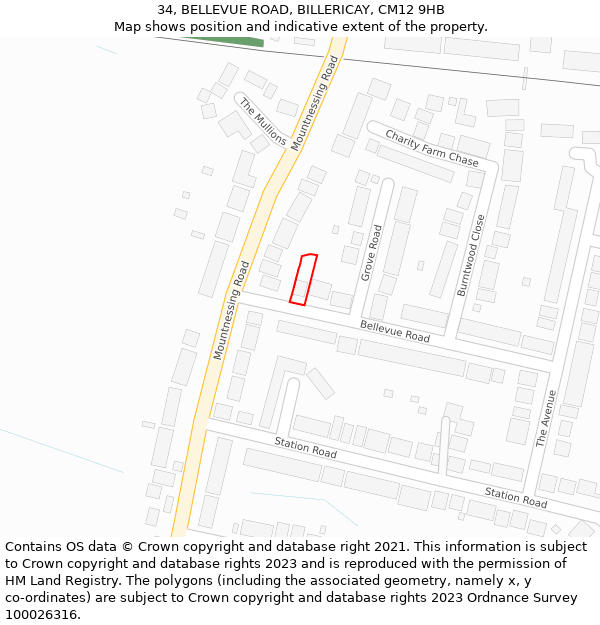 34, BELLEVUE ROAD, BILLERICAY, CM12 9HB: Location map and indicative extent of plot
